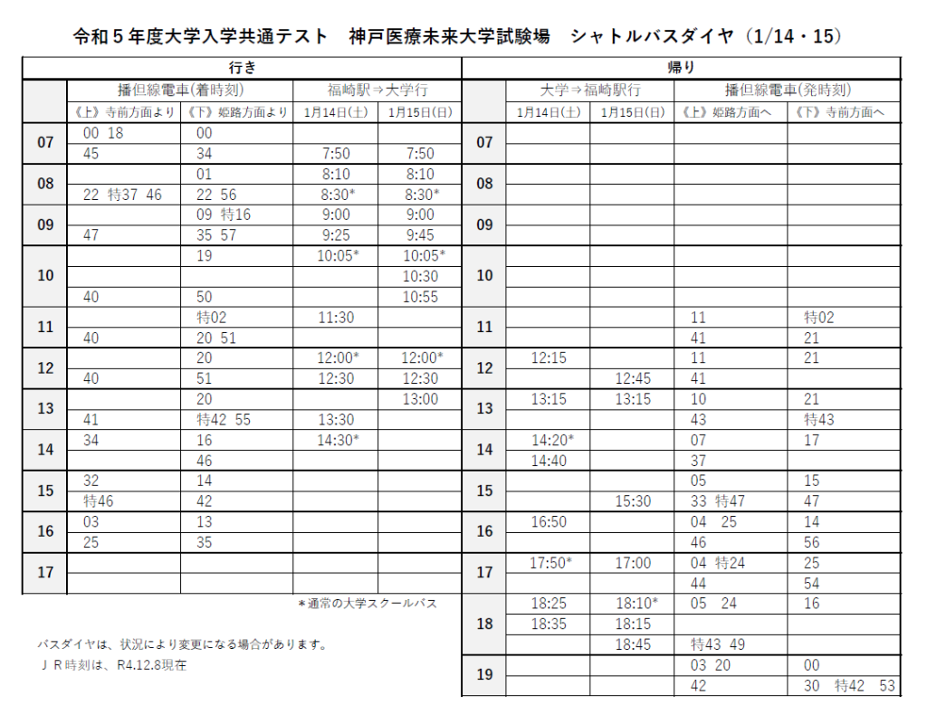 令和５年度大学入学共通テスト　神戸医療未来大学試験場 シャトルバスダイヤ